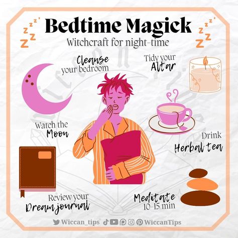 Witch & Wiccan | Lidia Pradas on Instagram: “Do you follow a bedtime routine? My routine helps me sleep better. After a long day, there is nothing better than winding down with some…” Sleep Witchcraft, Dream Altar, Types Of Witchcraft, Shadow Book, Beginner Witch, Grounding Exercises, Pagan Spirituality, Witchy Tips, Witch Rituals