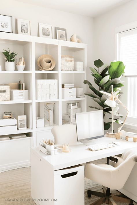 28 Home Office Organization Ideas - Organize Every Room Home Office In Bedroom, Office In Bedroom, Women Office Decor, Closet Office Organization, Home Office Organization Ideas, Organized Home Office, Organization By Room, White Office Decor, Wfh Office