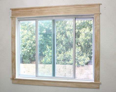 How to Add Trim to Builder Grade Windows - My Frugal Adventures Door Trim Diy, Windows Trim, Sliding Glass Door Window Treatments, Window Molding Trim, Diy Window Trim, Farmhouse Trim, Sliding Glass Door Window, Framed Windows, Interior Window Trim