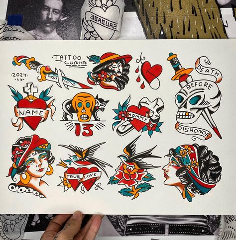 I love painting (and tattooing) the classic designs. Carrying power, class and style they are the perfect choice for your first tattoo or for your collection. If you want one of these, just send me a DM! I They can be done in color or just black. Always at @_casa_tigre_ @casatigretattoo #tattoo #tattooflash #flashtattoo #traditional #traditionaltattoo #handpainted #oldschool #oldschooltattoo #casatigre #lisboa #lisbon #lisbontattoo Mexican Traditional Tattoo, Traditional Tattoo Drawings, Study Sheets, Just Black, Tattoo Flash, American Traditional, Old School Tattoo, First Tattoo, Reference Photos