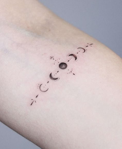 Moon Phase And Stars Tattoo, Lunar Tattoo Design, Moon Phase Tattoo With Stars, Fineline Moon Phases Tattoo, Small Moon Phase Tattoo, Moon Phase Band Tattoo, Moon Bracelet Tattoo, Moon Phase Wrist Tattoo, Dainty Moon Phase Tattoo