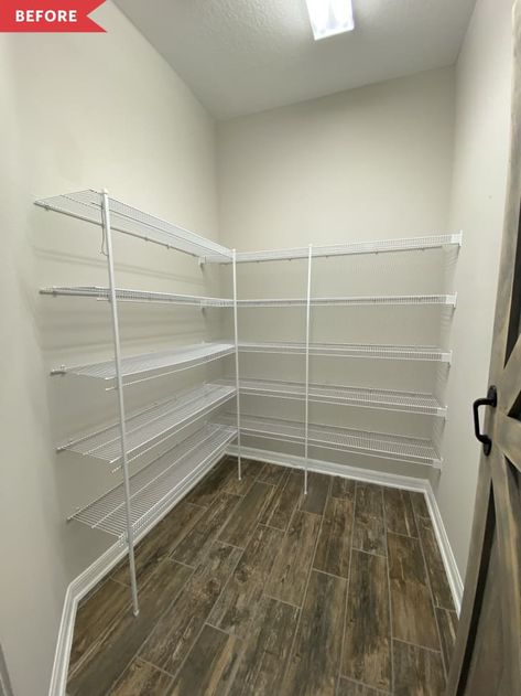 Wire Shelf Pantry, Wire Shelf Makeover, Wire Closet Organizers, Shelf Pantry, Wire Shelf Liner, Walk In Pantry Ideas, Pantry Redo, Pantry Renovation, Wire Closet Shelving