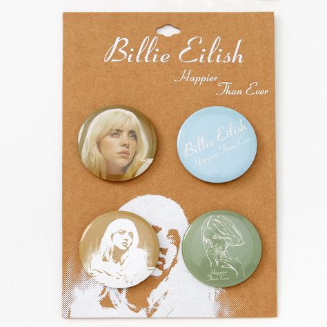 Complete your look with this Billie Eilish pin set. The pins display your favorite singer and the name of her Sophomore album: “Happier Than Ever”! Adorn these pins on jackets, sweaters, and more for a concert-ready aesthetic. Pins by Billie Eilish Pack Size: 4 Material: Metal - Claire's Billie Eilish Happier Than Ever Pins - 4 Pack New Billie Eilish, Pins Display, Billie Eilish Happier Than Ever, Billie Eilish Merch, Happier Than Ever, Jacket Pins, Flower Background Wallpaper, Fashionable Jewelry, Birthday List