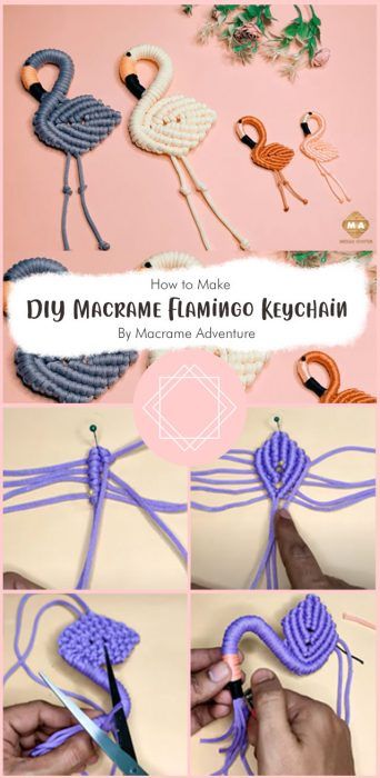 Lovely Macrame Flamingo Keychain Free Pattern Ideas - Carolinamontoni.com Macrame Flamingo Keychain, Macrame Flamingo Diy, Macrame Mermaid Tail Tutorial, Macrame Animals Tutorials Free Pattern, Rope Crafts Diy How To Make, Macrame Animal Keychain, Cute Macrame Ideas, Macrame Projects Free Pattern, Baby Macrame Ideas