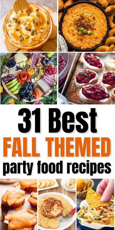 Food For Pumpkin Themed Party, September Party Food, Fall Theme Food Ideas, Fall Themed Dinner Party Food, Bring Your Own Pumpkin Party, October Birthday Food Ideas, Fall Themed Lunch, Pumpkin Theme Party Food, Fall Potluck Themes