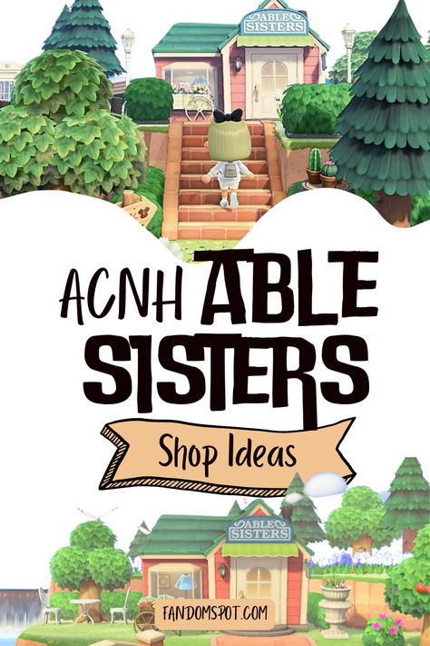 Design ideas for the Able Sisters shops on your Animal Crossing: New Horizons island Abel Sisters Animal Crossing Design Ideas, Acnh Tailors Shop Exterior, Animal Crossing Tailor Shop Ideas, Able Sisters Animal Crossing Ideas, Acnh Able Sisters Store Ideas, Acnh European Citycore, Animal Crossing Able Sisters Ideas, Animal Crossing Shop Ideas, Acnh Tailors Shop Ideas