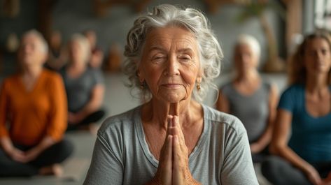 Peaceful Yoga Practice: An elderly woman with her eyes closed and hands clasped in prayer during a serene yoga session. #elderly #woman #yoga #meditation #peace #tranquility #practice #mindfulness #aiart #aiphoto #stockcake https://ayr.app/l/81vh Woman Yoga, Practice Mindfulness, Elderly Woman, Elderly People, Yoga Photography, Eyes Closed, Yoga Session, Her Eyes, Physical Health