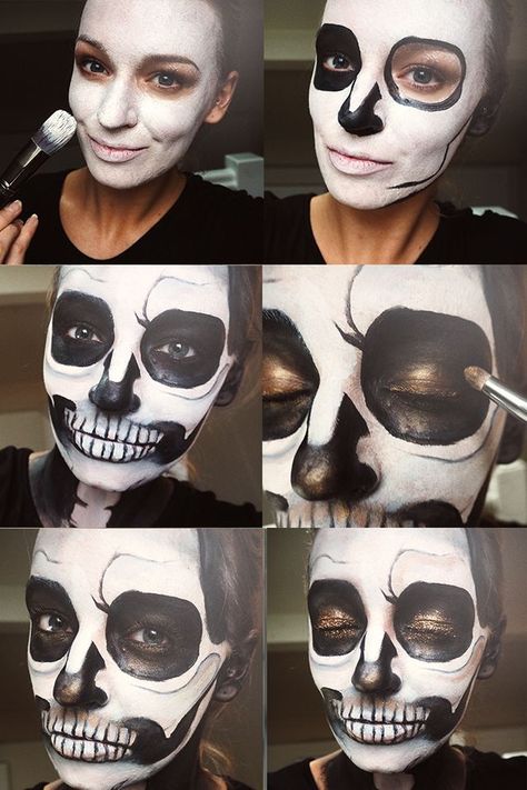 Skull Makeup Look, Skull Make Up, Skull Makeup Tutorial, Glitter Skull, Halloweenský Makeup, White Face Paint, Half Skull, Creepy Halloween Makeup, Skeleton Makeup