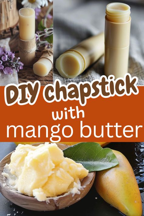 Woman's lips looking healthy and mango butter. Text reads: DIY chapstick with mango butter. Homemade Chapstick Essential Oils, Diy Natural Chapstick, Lip Balm Recipes Shea Butter, Natural Chapstick Recipe, Shea Butter Lip Balm Diy, Diy Chapstick Recipe, Homemade Lip Oil, Lip Butter Recipe, Lipbalm Diy