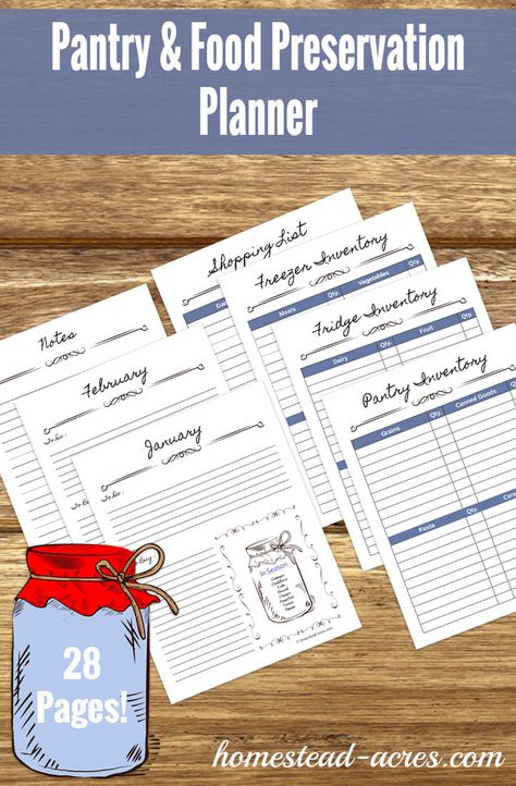 Keep track of your pantry inventory, canning and other food preserving easily with this Pantry & Food Preservation Planner. | www.homestead-acres.com Canning Inventory, Canning Planner, Freezer Inventory, Inventory Printable, Pantry Inventory, Pantry Food, Shopping List Planner, Planting Potatoes, Dandelion Jelly