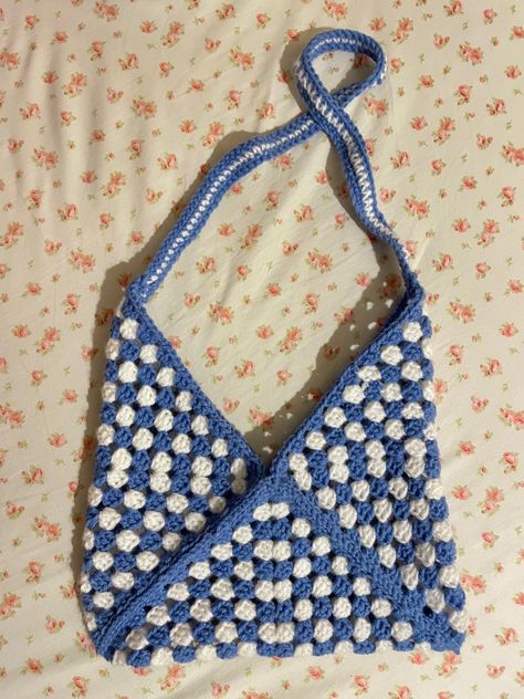 blue and white crochet granny square bag Blue And White Crochet Bag, Blue Granny Square Bag For Vacation, Blue Granny Square Crochet Bag For Vacation, Cheap Blue Square Crochet Bag, Cheap Blue Granny Square Bags, Blue Granny Square Rectangular Shoulder Bag, Blue And White Crochet, Crochet Messenger Bag, Crochet Granny Square Bag