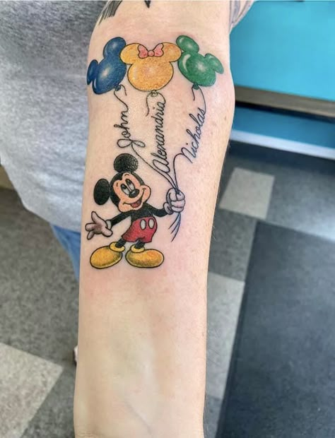 Simple Unique Tattoos, Grandchildren Tattoos, Mickey And Minnie Tattoos, Tattoos For Baby Boy, Minnie Tattoo, Mickey Mouse Tattoo, Mickey Tattoo, Balloon Tattoo, Awareness Tattoo