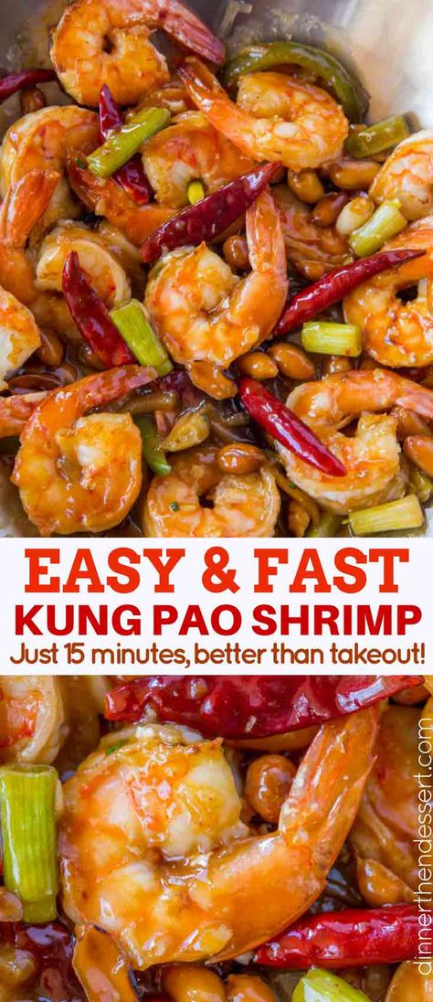 Kung Pao Shrimp is a Chinese food restaurant classic spicy garlic stir fry that’s healthy, easy and ready in less than 15 minutes! #chinesefood #chinese #kungpao #chinesestirfry #stirfry #shrimpstirfry #spicyshrimp #kungpaoshrimp #steakandpeppers #copycat #dinnerthendessert #chinesetakeout #mallfood Garlic Stir Fry, Kung Pao Shrimp, Restaurant Classic, Healthy Chinese Recipes, Chinese Food Restaurant, Chinese Stir Fry, Healthy Entrees, Shrimp Dinner, Shrimp Dishes