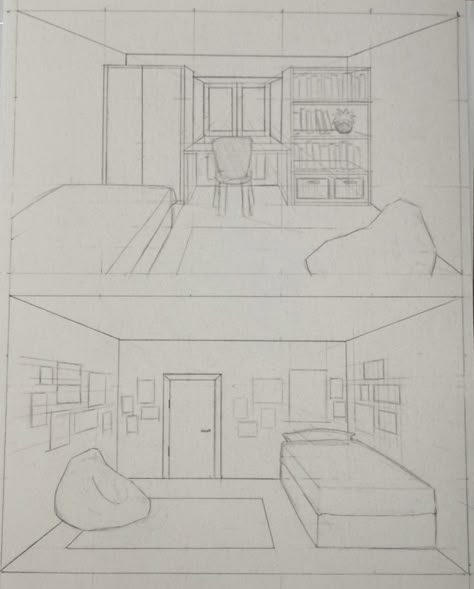 Concept Drawing Ideas, 1 Perspective Room, Interior Room Drawing, How To Draw Room Design, Corner Of A Room Drawing, Rooms To Draw, Bedroom Sketch Drawings, How To Draw A Bedroom, Room Sketch Perspective