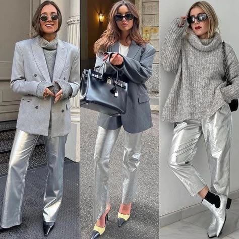 Glitter Jeans Outfit, Silver Pants Outfit, Metallic Pants Outfit, Silver Trousers, Monochromatic Fashion, Spring Trends Outfits, Fashion Moodboard, Metallic Pants, Colour Match