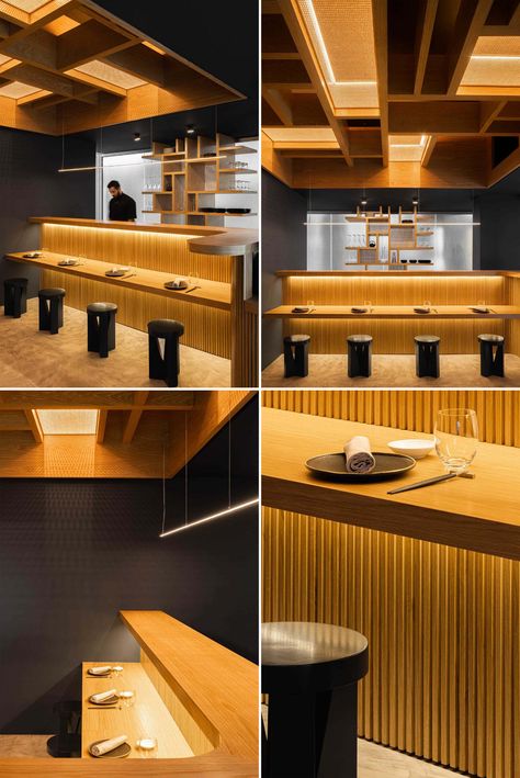 Wood And LED Lighting Create A Warm Glow In Contrast To The Dark Background In This Restaurant Dark Gray Walls, Sushi Bar Design, Woods Restaurant, Hidden Lighting, Sushi Design, Dark Grey Walls, Wood Interior Design, Gray Walls, Studios Architecture