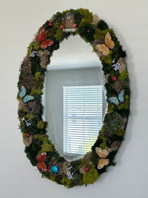 Hand Made Moss/Fairy Mirror No Maintenance Necessary 29 x 20 Inches  Features -Mini Mushrooms -Crystals -Butterflies Vine Mirror Decor, Greenery Home Decor Inspiration, Earthy Half Bathroom, Fairy Mirror Aesthetic, Fairy Core Mirror, Fairy Garden Themed Bedroom, Junk Mirror Diy, Fairy Garden Room Decor, Fairy Aesthetic Decor