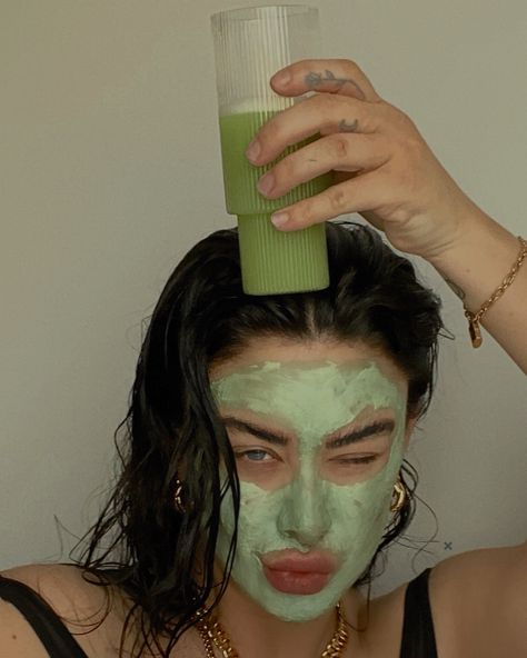 Green matcha face mask and green juice in ferm living long ripple glass Matcha Face Mask, Green Matcha, Pink Houses, Green Juice, Ferm Living, Lose Body Fat, Be Kind To Yourself, Fitness Diet, Glow Up?