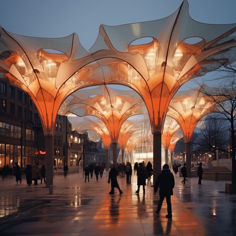 Colourful canopies. #aiarchitecture #designmidjourney #midjourney #ai #design #canopy #architecture #rendering #digitalart Light Pavilion Architecture, Roof Canopy Design, Rhino Design, Bar Lounge Design, Canopy Architecture, Architectural Designer, Pavilion Architecture, Pavilion Design, Canopy Design