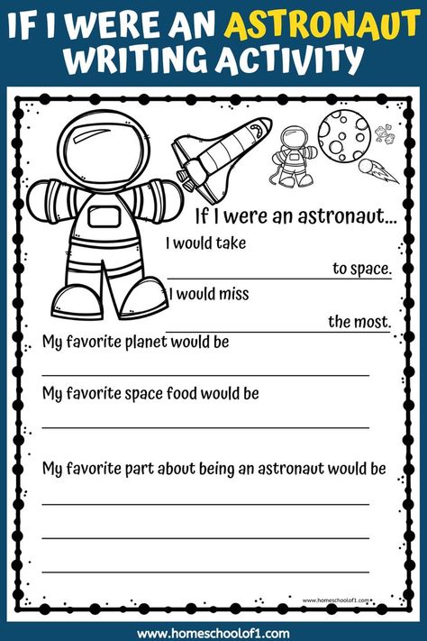 Explore the cosmos with our engaging "If I Were an Astronaut" writing activity worksheet! Designed to ignite young imaginations, this free printable resource invites children to envision themselves as astronauts and express their dreams of space exploration. From describing their interstellar adventures to who they would miss the most, this interactive exercise encourages creative thinking and storytelling. Astronaut Day At School, If I Were An Alien Worksheet, Outer Space Language Activity, Outer Space Homeschool, Space Themed Classroom Activities, Space Themed Reading Activities, National Space Day Activities, Space Crafts Preschool Planets, If I Were An Astronaut