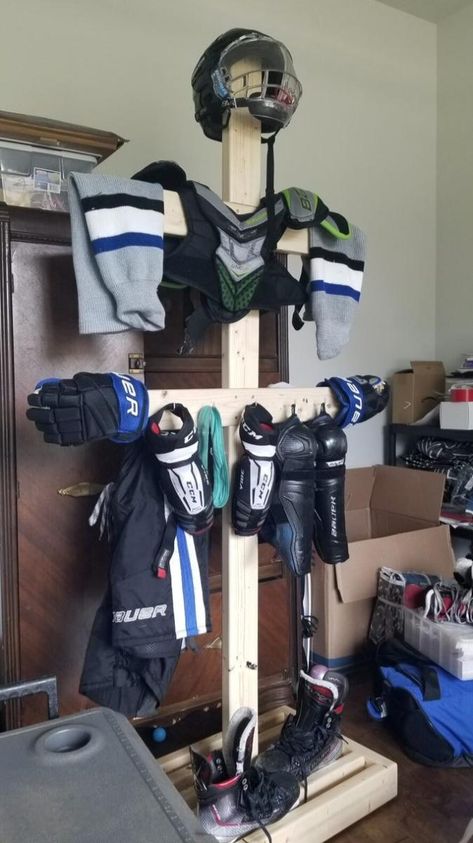 Hockey Gear Storage, Hockey Equipment Drying Rack, Hockey Equipment Storage, Hockey Drying Rack, Garage Shelving Plans, Hockey Storage, Hockey Organization, Diy Grill Station, Potting Bench Plans