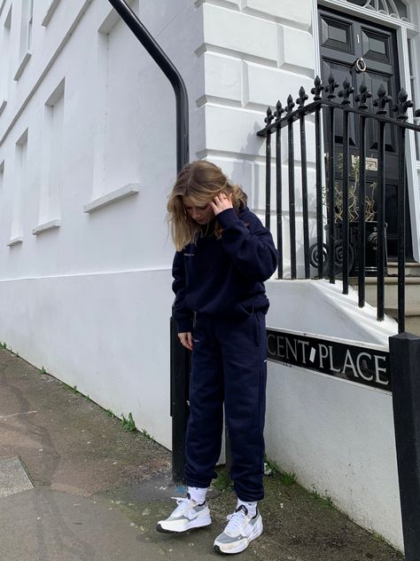 Navy pangaia matching tracksuit Navy Blue Tracksuit Outfit, Navy Tracksuit Outfit, Navy Blue Sweatsuit Outfit, Navy Blue Sweats Outfit, Pangaia Outfits, Navy Sweats Outfit, Navy Blue Joggers Outfit, Tracksuit Outfit Aesthetic, Matching Tracksuit Outfit