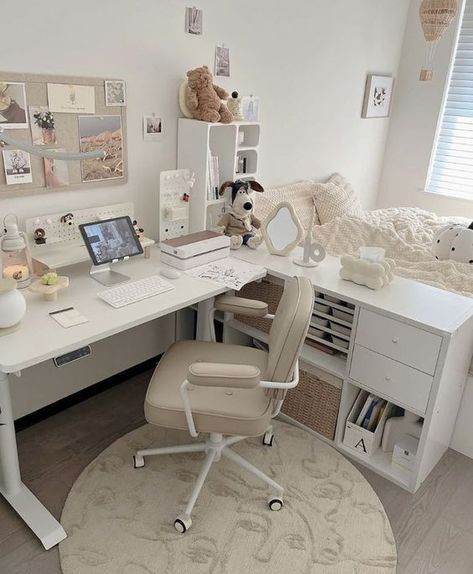 Compilation of Cute and Aesthetic desk makeover ideas. Get ideas to make your desk area the most aesthetic possible 😍✨ (Link in Image 🔗✨). * * * * Disclaimer: *** Images are not mine. Credit in descriptions if known. All the credit goes to the picture owner. Thanks ❤️❤️ *** Korean Room Aesthetic Desk, Desk Room Divider Ideas, Cute Desk For Bedrooms, Bed Rooms Ideas With Vanity, Minimalistic K Pop Room Ideas, Saranghoes Room, L Desk Setup Aesthetic, Korean Style Room Bedrooms, L Shaped Desk Aesthetic