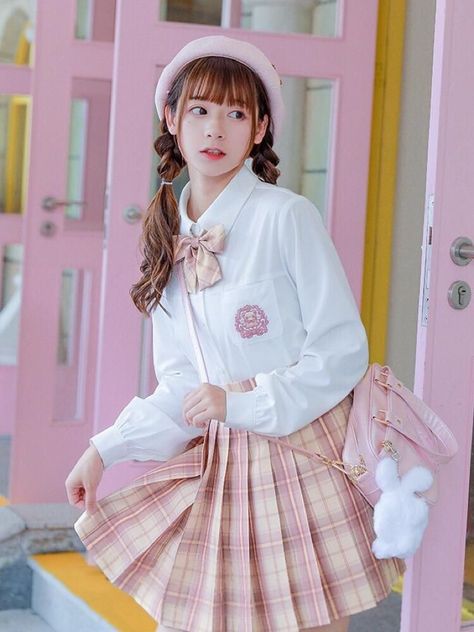 757f843a169cc678064d9530d12a1881desc37277231ri Pastel Academia, Kawaii School, Your Adorable, Bear Sweater, Blue Bear, Pastel Outfit, Pink Nation, White Shirts Women, Uniform Shirts