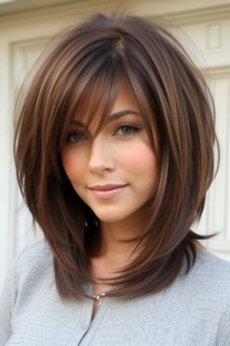 Discover 30 chic short hairstyles that suit every hair type and texture. Perfect for your next salon visit! Long Layered Bob Hairstyles With Bangs, Layered With Bangs Medium, Medium Hair Styles For Women With Bangs, Layered Fine Hair Medium, Medium Length Fine Hairstyles, Medium Hair Length Hairstyles, Layered Bob Hairstyles Medium, Layered Medium Bob, Layered Hairstyles For Fine Hair