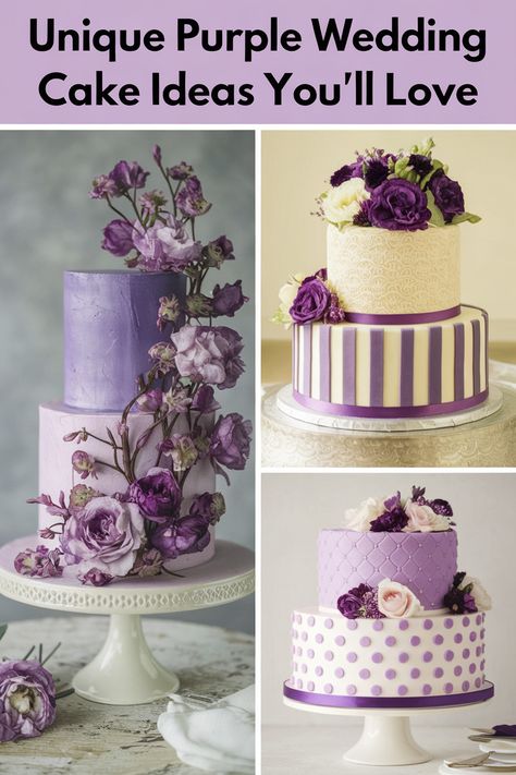 20 Purple Wedding Cake Inspirations for Your Day Purple And Yellow Wedding Cake, Purple Wedding Cake Elegant, Purple Wedding Cake Ideas, Classy Wedding Cakes, Lavender Wedding Cake, Purple Wedding Cake, Unique Cakes Designs, Unique Wedding Cake, Wedding Cake Design