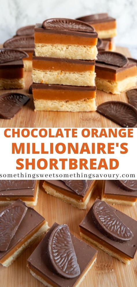 This recipe for Chocolate Orange Millionaire's Shortbread is the perfect treat for chocolate orange fans! A buttery orange shortbread base, a layer of orange caramel and a chocolate topping! Orange Bars, Holiday Bakes, Millionaire Shortbread Recipe, Millionaire Bars, Millionaires Shortbread, Orange Shortbread, Millionaire's Shortbread, Chocolate Orange Cookies, Homemade Shortbread