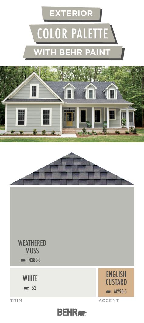 Best Color To Paint House Exterior, House Colors With Wood Accents, Two Toned White House Exterior, House Exterior Grey And White, Behr Paint Colors Grey Exterior, Green Gray House Exterior White Trim, Yellow Exterior House Colors White Trim, Exterior House Grey Colors, Rambler Paint Exterior