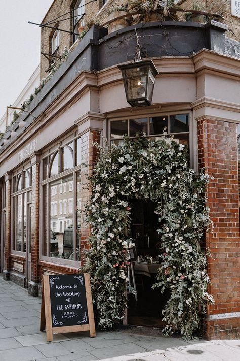 Dress For London, Pub Wedding Reception, Chalkboard Welcome Sign, Chalkboard Welcome, Small Private Wedding, Pub Wedding, Floral Arch Wedding, Brewery Wedding, Welcome Sign Wedding