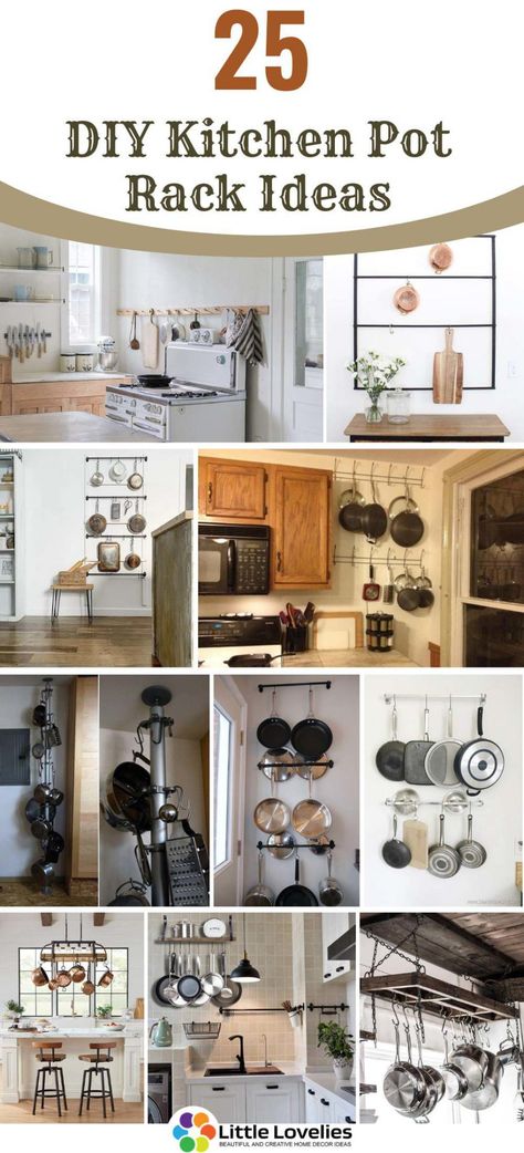 25 DIY Pot Rack Ideas - Easy Ways To Organize Pots And Pans Pot Rack Ideas, Pan Rack Hanging, Diy Pot Rack, Organize Pots And Pans, Rustic Pot Racks, Pan Storage Diy, Kitchen Cabinet Organization Layout, Pot Rack Kitchen, Pan Hanger