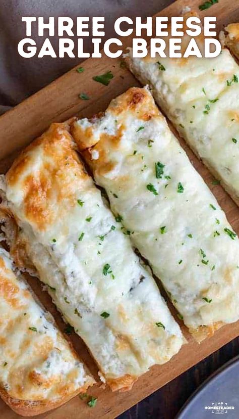 Three Cheese Garlic Bread is strips of ciabatta bread topped with homemade garlic butter, a cream cheese mixture, and mozzarella cheese. Cheesy Ciabatta Bread, Garlic Cream Cheese, Cheese Garlic Bread, Homemade Garlic Butter, Cheese Mozzarella, Cheese Bread Recipe, Spaghetti Meat Sauce, Garlic Cheese Bread, Garlic Bread Recipe