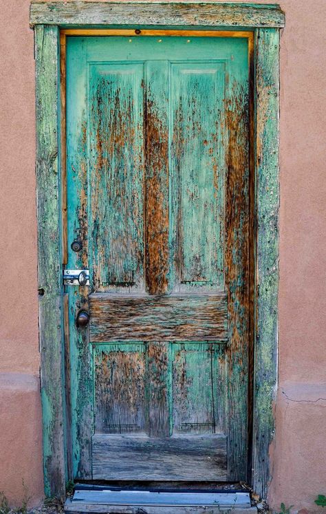 I saw this old weathered rustic turquoise door while visiting Santa Fe, New Mexico. I thought the old wooden door and its peeling paint had great character and probably many stories to tell. Mexico Doors, Plum Paint, Paint Door, Turquoise Door, Old Wood Doors, Santa Fe Art, Old Wooden Doors, Door Images, Furniture Painting Techniques