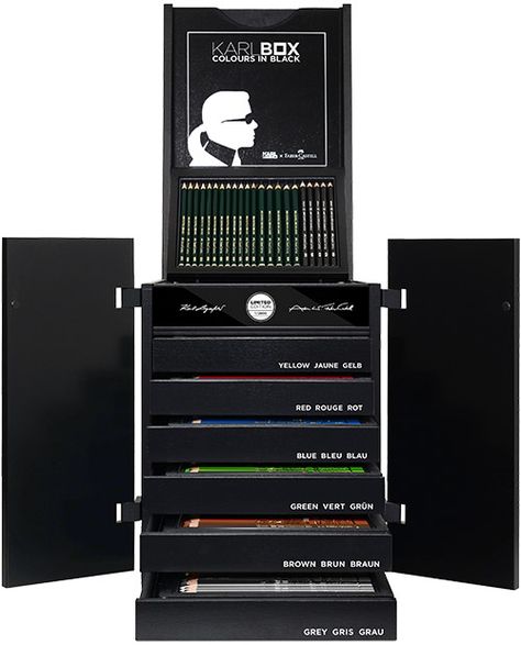 Karl Lagerfeld's KARLBOX for Faber-Castell. Courtesy of Faber-Castell. Karlbox Faber Castell, Super Soft Faber Castell 100, Faber Castell Connector Pens Art, Gelatos Faber Castell, Faber Castell Pencil, Drawing Instruments, Pitt Artist Pens, Artist Pens, Coloring Supplies