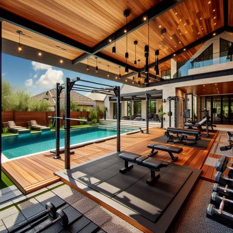 Upgrade your home gym with an outdoor pool and workout area. Enjoy a luxurious and functional fitness space. #OutdoorWorkout #FitnessDesign #HomeGym #GymDesign #PoolDesign Gym Architecture Design, Gym With Pool, Indoor Pool And Gym, Home Gym And Spa, Outdoor Gym Design, Home Garage Gym Ideas, Modern Home Gym Design, Home Gym Design Luxury, Outdoor Home Gym