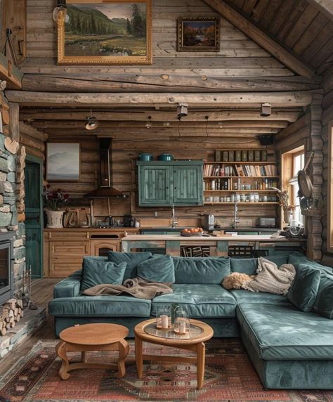 Small Log Cabin Homes Interior, Cozy Cabin Living Room, Boho Cabin Decor, Log Cabin Living Room, Stylish Living Room Ideas, Cabin Homes Interior, Game Room Ideas, Cozy Scandinavian, Cabin Interior Design