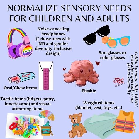 Yulika Forman, PhD, LMHC on Instagram: “Everyone has sensory needs. It is not a cause for worry or concern. . It is not something that needs to be decreased. . We should not…” Sensory Regulation, Asd Spectrum, Diy Sensory Toys, Diy Projects For Adults, Sensory Items, Sensory Rooms, Health Activities, Processing Disorder, Sensory Room