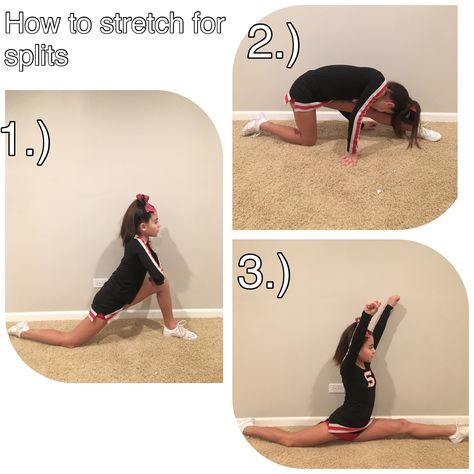 A great way for beginner or more advanced stretchers to improve their splits! #cheersquads #stretch Cheer Tumbling Beginner, Beginner Cheerleading Tips, Cheer Stretches For Beginners, Cheer For Beginners, Cheer Motions, Cheer Essentials, Cheerleading Motions, Cheer Conditioning, Cheer Tips