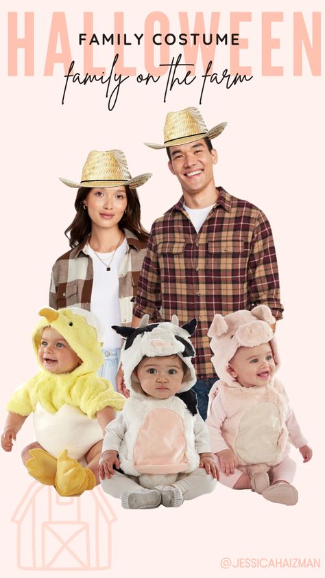 Farmer and animal family Halloween costume for babies and toddlers! Simple and cute! Farmer Costume Family, Farmer Halloween Costume Family, Pig Family Costume, Farmer Family Halloween Costume, Family Farm Halloween Costumes, Parents And Baby Halloween Costumes, Farm Animals Halloween Costumes, Farmer Halloween Costume, Farmer Halloween