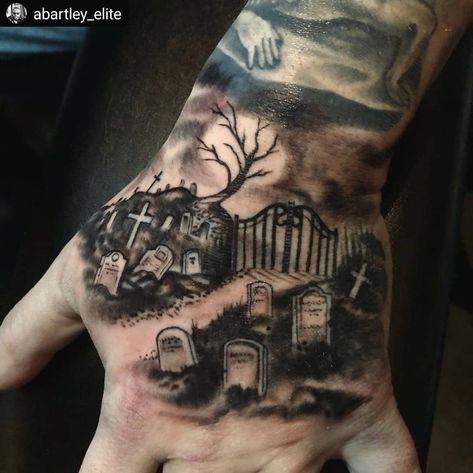 Adam Bartley did this freehand graveyard on Paul not too long ago. It's never too early in the year to get ~spooky~ Simplicity Tattoos, Tombstone Tattoo, Graveyard Tattoo, Zombie Tattoos, Reaper Tattoo, Skull Sleeve Tattoos, Knuckle Tattoos, Web Tattoo, Western Tattoos