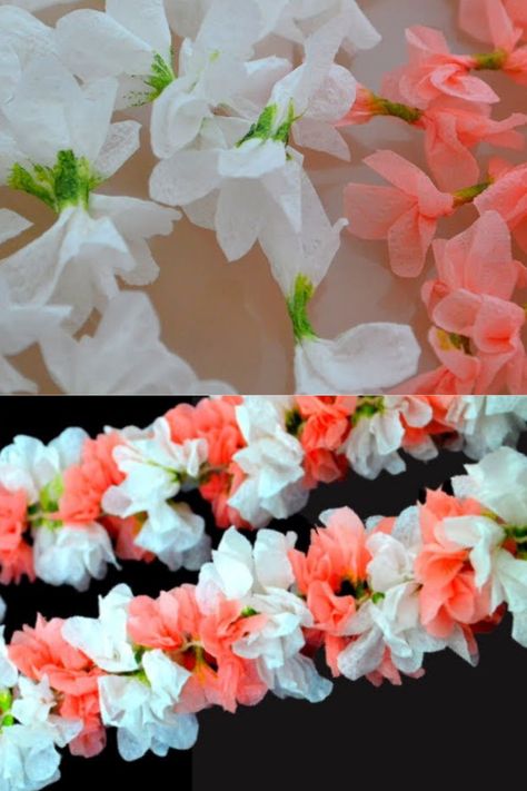 Tissue Flower Garland, Crepe Paper Flower Garland, Handmade Garland Ideas, Paper Flower Garland Diy, Tissue Paper Flower Garland, Flower Decor Ideas, Grad Leis, Crepe Paper Garland, Easy Paper Crafts For Kids