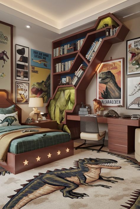 Dinosaur Kingdom. A Dinosaur-themed Bedroom Is The Perfect Way To Ignite Your Kid's Imagination And Create A Space They’ll Absolutely Love.  #Dinosaurroom #Dinosaurs #kidsroom #homedecor Drake Bedroom, Boys Dinosaur Bedroom, Space For Kids, Ideas For Storage, Boy’s Room, Kids' Playroom, Dinosaur Room, Teen Boy Bedroom, Storage Wall