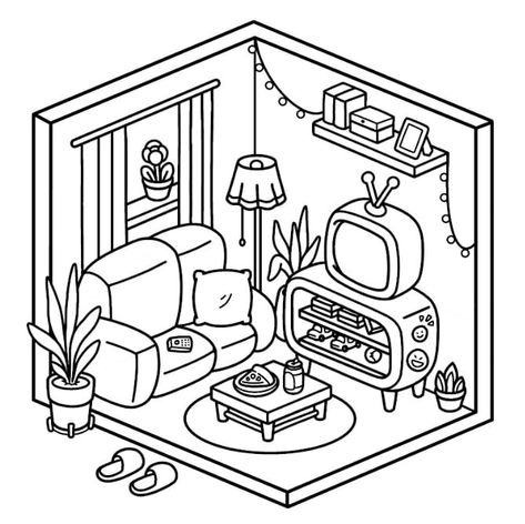 Thick Lined Coloring Pages, Aesthetic Coloring Sheets Easy, Cozy Colouring Pages, Pocket Room Coloring Pages, Gamer Coloring Pages, Bold Line Coloring Pages, Coloring Pages Cozy, Cosy Colouring Pages, Cozy Spaces Colouring Book