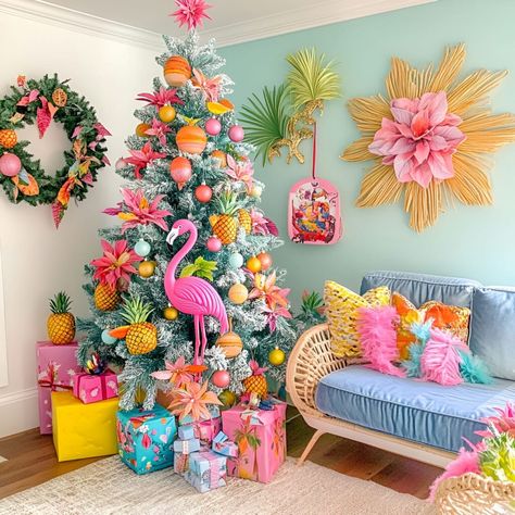 Transform your space with a tropical holiday tree. Flamingos, pineapples, and palm leaves combine to create a summer-themed Christmas décor, offering a bright, festive atmosphere in any room. Palm Tree Christmas Trees, Tropical Christmas Aesthetic, Summer Christmas Tree Ideas, Summer Christmas Tree, Tropical Christmas Tree, Tropical Christmas Decorations, Flamingo Christmas Tree, Tropical Christmas Trees, Palm Tree Christmas