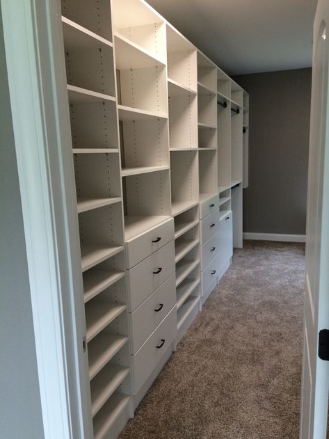 Narrow Master in White - Contemporary - Closet - Other - by Custom Storage Solutions LLC Narrow Master Closet, Walk In Closet Storage Ideas, Long Narrow Closet, Narrow Walk In Closet, Narrow Closet Design, Closet Pictures, Storage Closet Shelving, Narrow Closet, Contemporary Closet