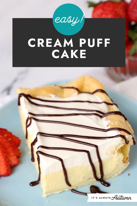 Easy! Cream puff cake. Cream Puffs Decoration, Cream Puff In A Pan, Creampuffs Dessert Aesthetic, Creme Puff Cake, Puff Recipes, Cream Puff Cake, Keto Pastry, Cream Puff Dessert, Cream Puffs Easy