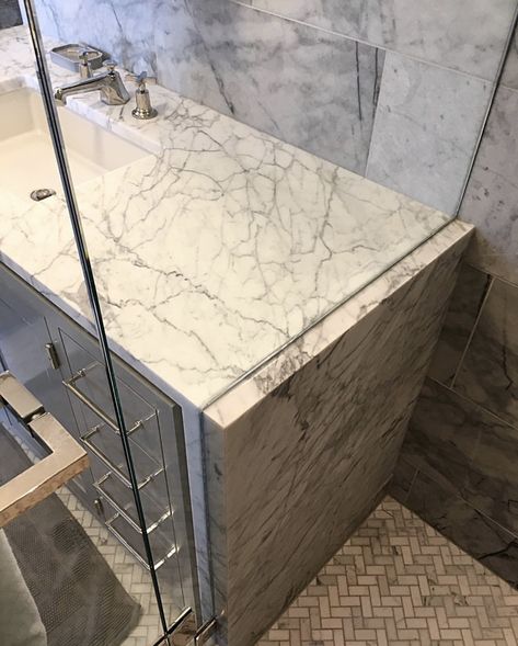 Waterfall Bathroom Countertop, Waterfall Countertop Bathroom, Water Fall Counter Top, Vanity Waterfall Countertop, Stone Waterfall Shower Bathroom, Rock Waterfall Shower Master Bath, Waterfall Vanity, Waterfall Countertop, Vanity Countertop